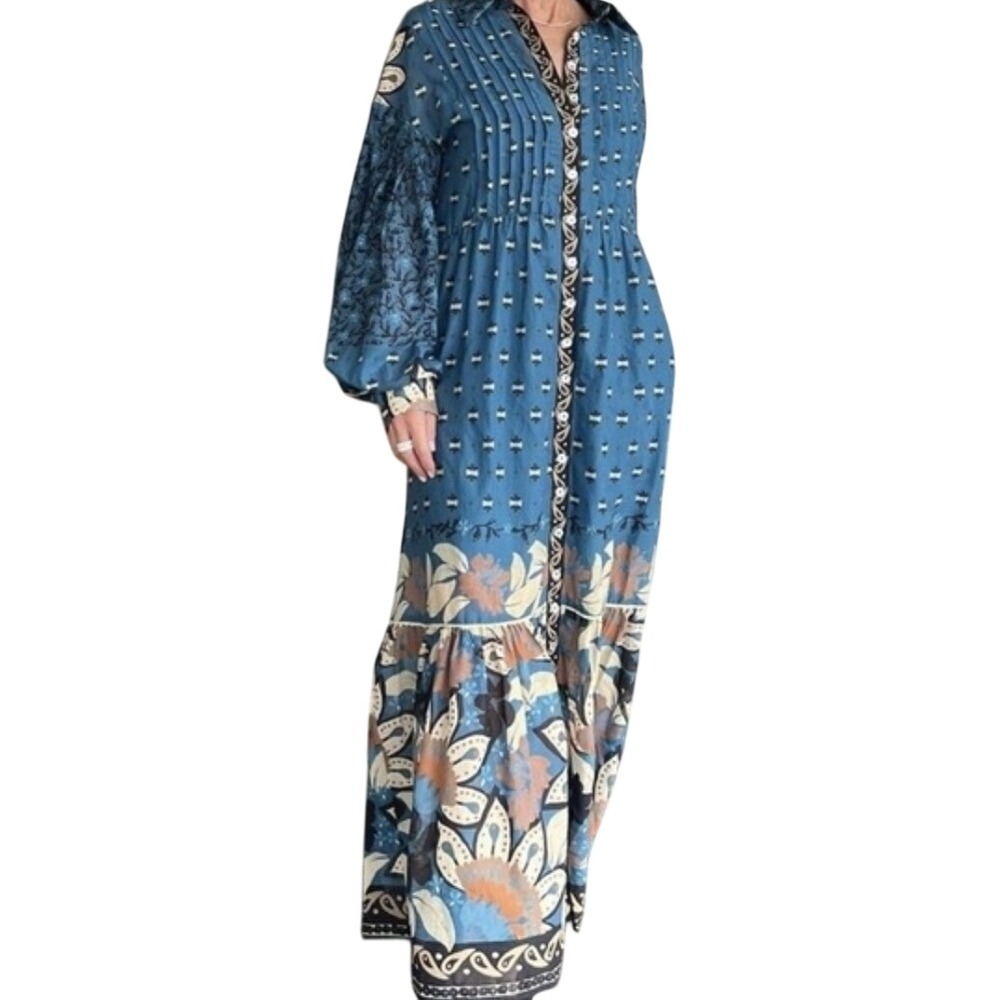 Farm Rio Blue Mixed Floral Pintuck Balloon Sleeve Maxi Shirt Dress XS 315360